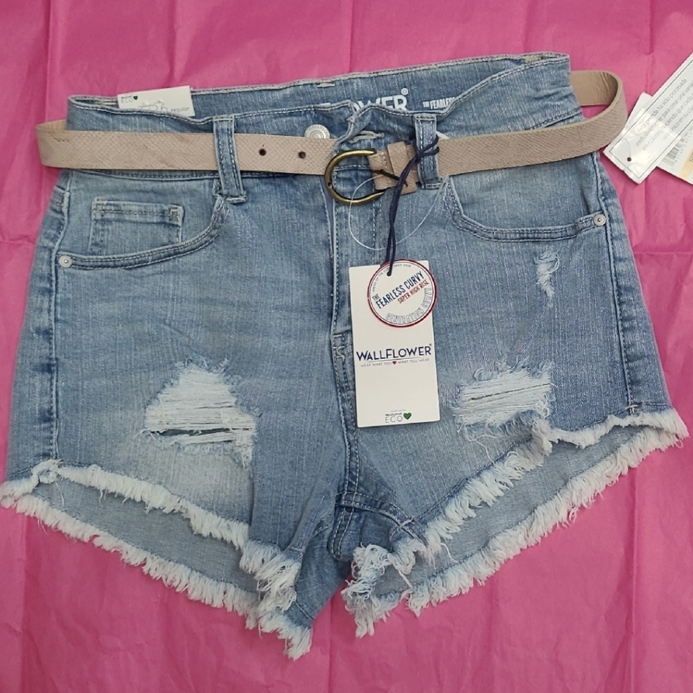 Wallflower Women's Ripped Jean Shorts with Belt - Light Blue